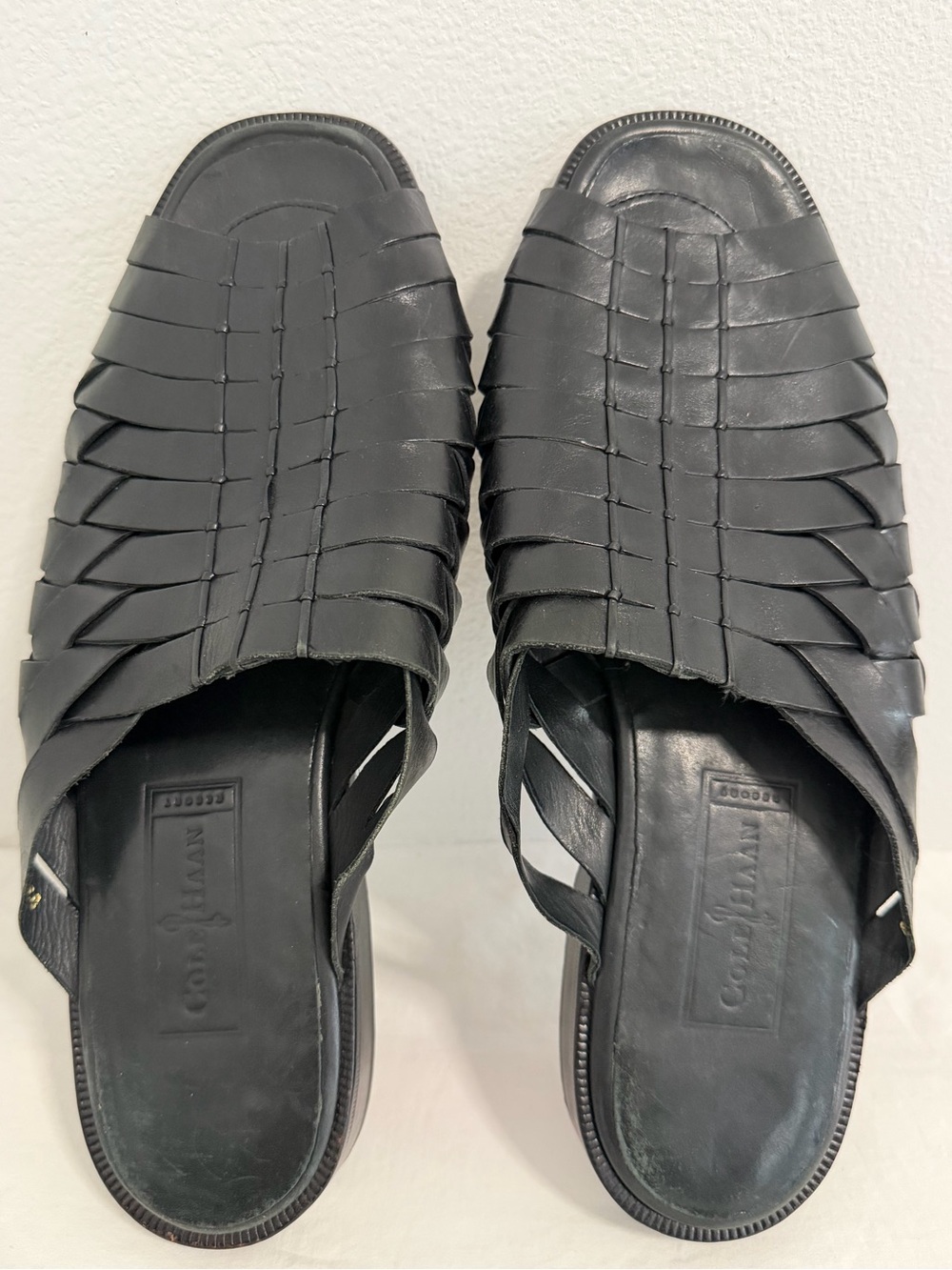 Cole Haan Resort Sandals Men's 11 D Black Leather Woven Slip On made in India - Picture 6 of 10